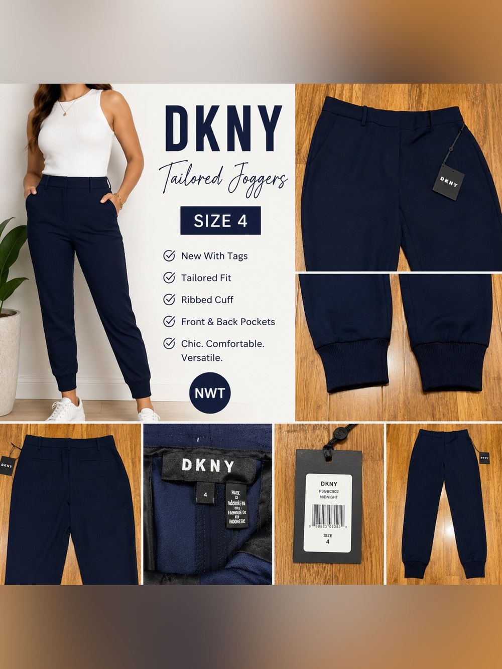 DKNY Navy Tailored Jogger Pants Size 4 NWT Ribbed Cuff Trousers